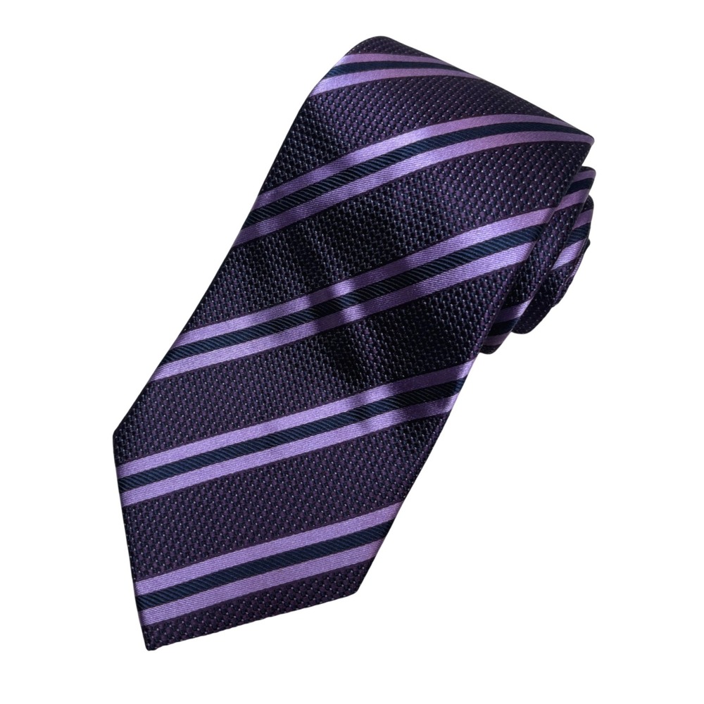 BAHRACH Mens Purple Black Striped Silk Necktie Business Formal 3.25" Wide
